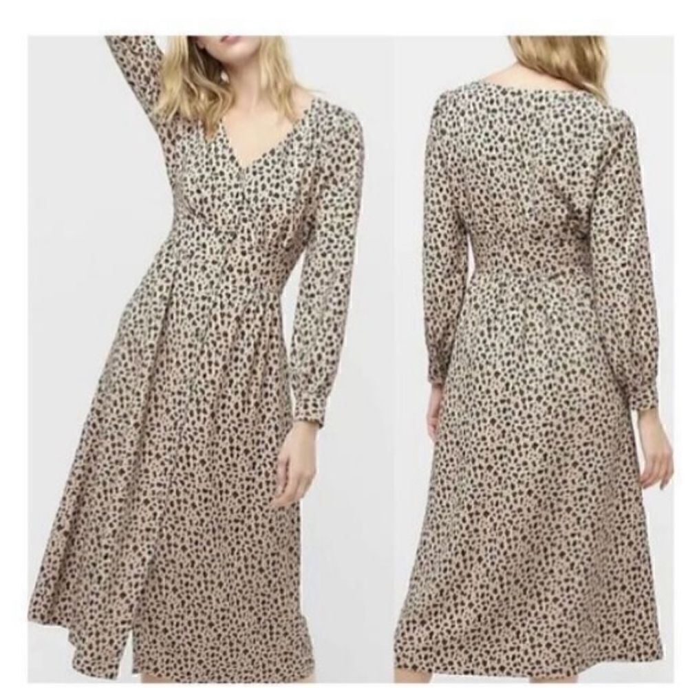 J Crew Women’s Size 0 Button Front A Line Midi Dress Tan Black Leopard Print